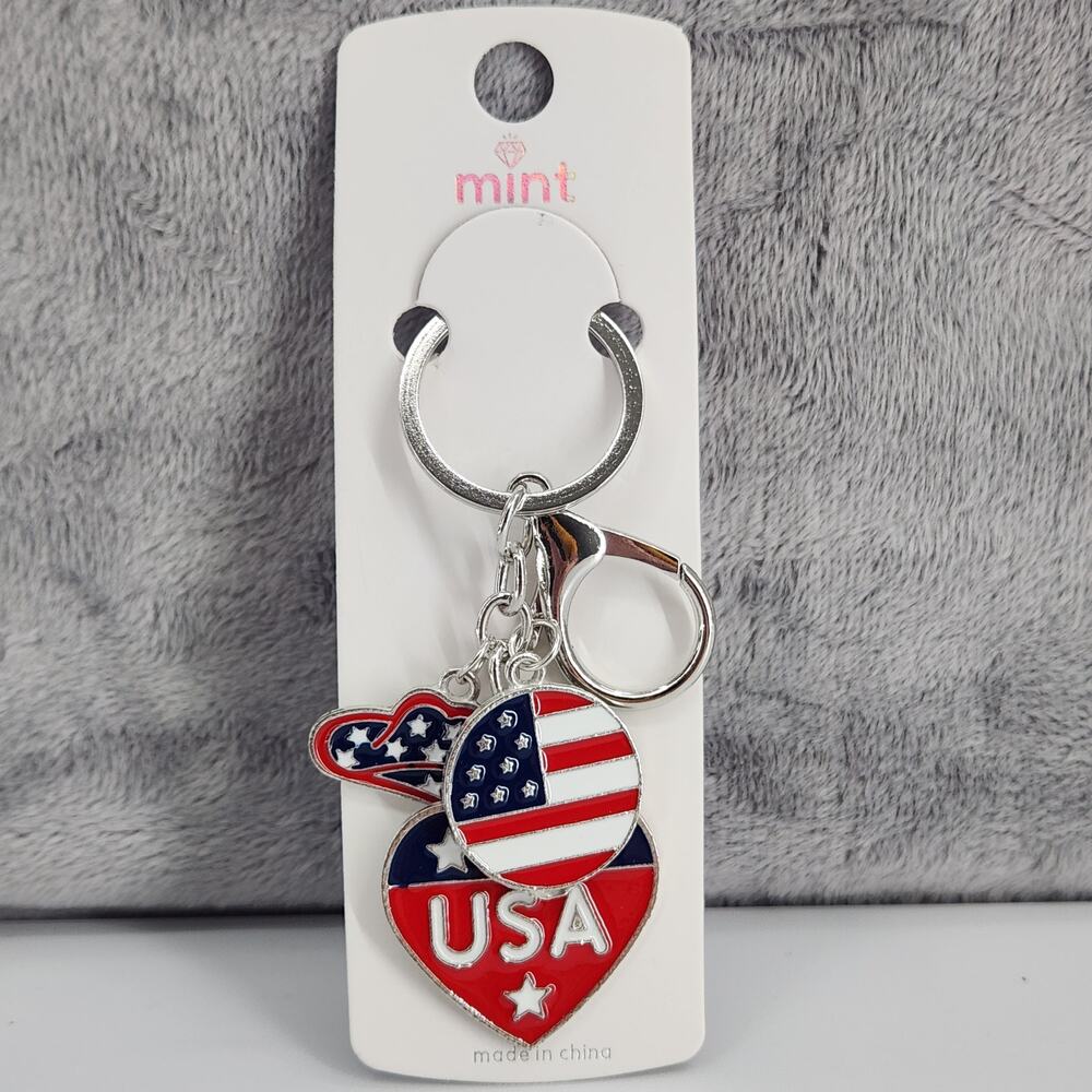 USA Keychain Bag Charm Patriotic Cowboy Hat Heart Flag America Red White & Blue